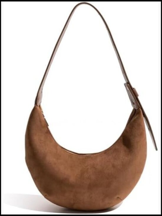 Handbags - Faux Suede Crescent Hobo Shoulder Bag Women Trendy Purse Adjustable Strap Zipper